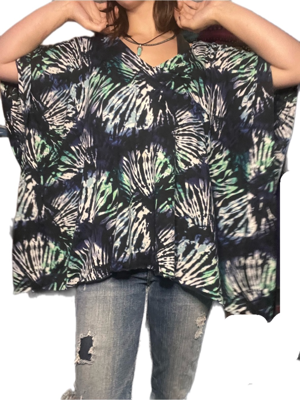 B.L.E.U. Navy, Green & White Abstract V-Neck Poncho Tunic